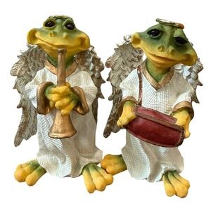 Vintage Anthropomorphic Frog Celestial Christmas Angels Pair Resin Shelf Sitters